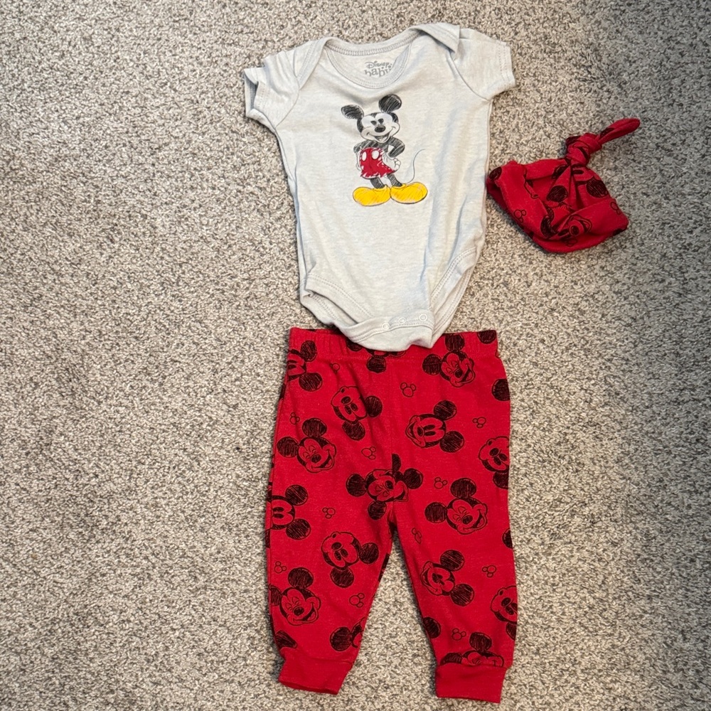 Disney Gray Bodysuit with Red Mickey Pants and Red Hat 6-9 Months Short Sleeve
